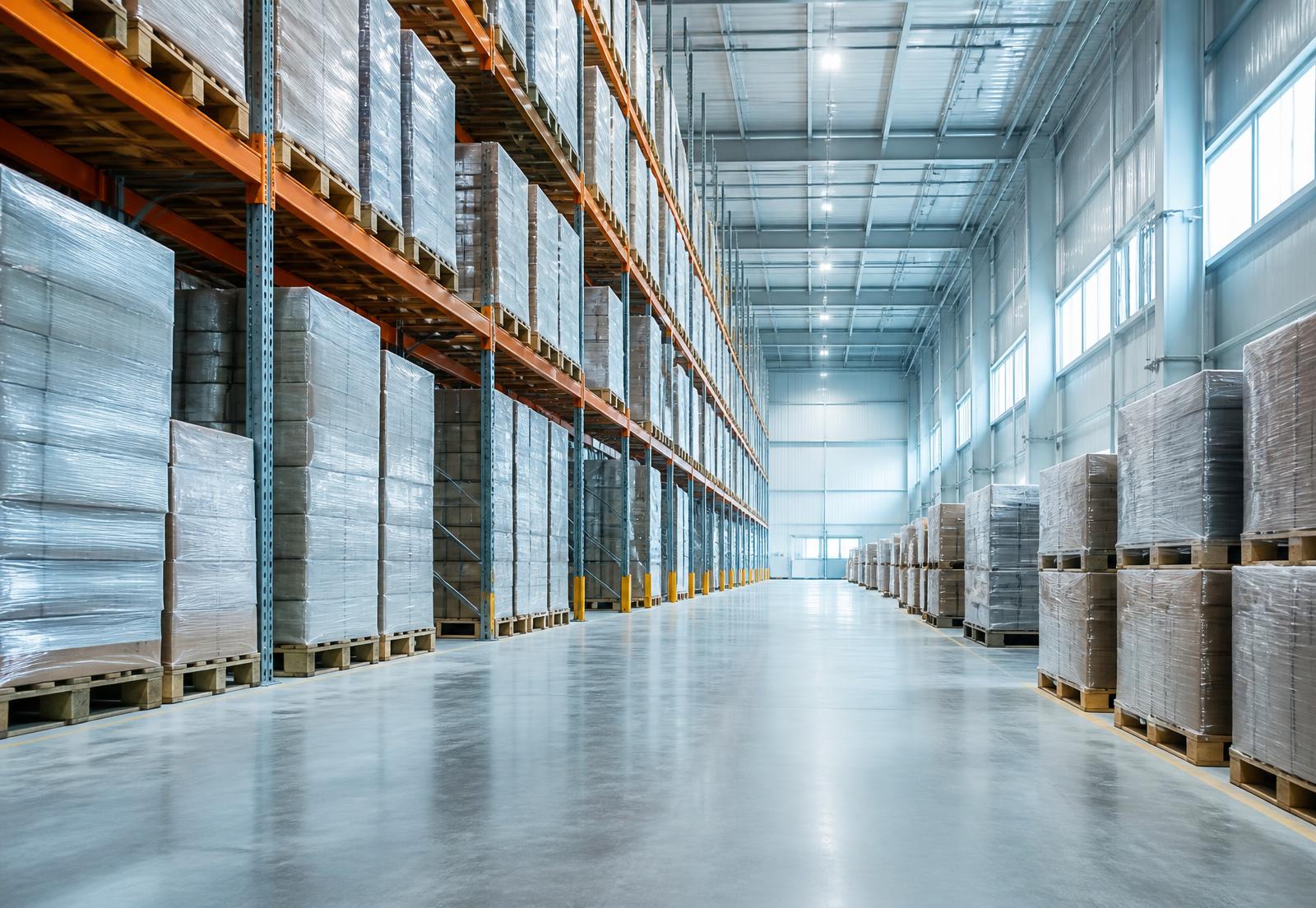 Palletised goods stored in a distribution warehouse